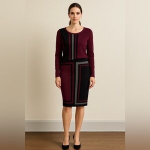 Nina Leonard Knit Midi Skirt and Sweater Set.
Soft knit, burgundy and black,